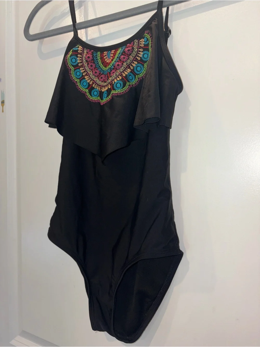 Black One-Piece Swimsuit with Colorful Embroidered Yoke